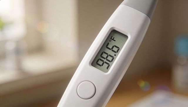Digital thermometer displaying 98.6°f on bathroom vanity measuring normal body temperature