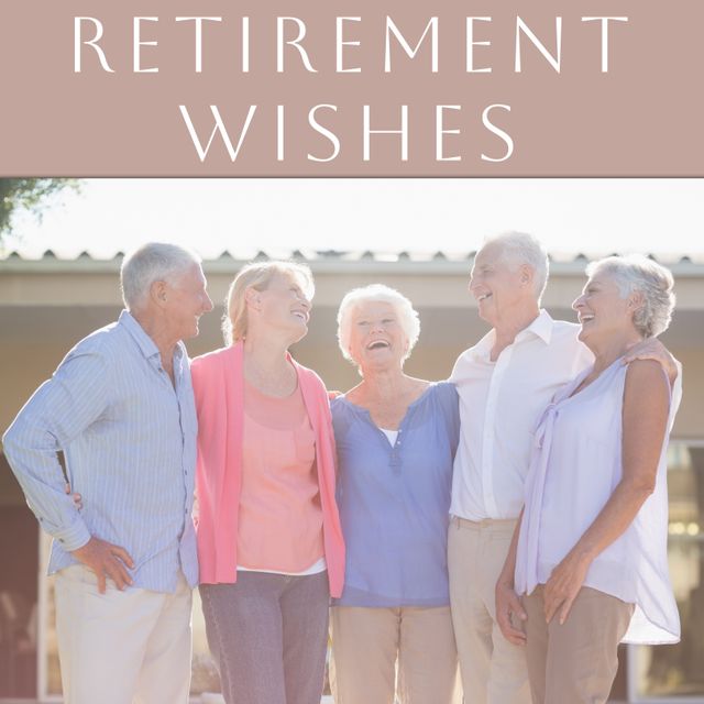 This image features a diverse group of smiling senior individuals sharing a joyful moment, great for depicting a positive, celebratory atmosphere in retirement-related content. Ideal for retirement announcements, greeting cards, and promotional materials for senior services.