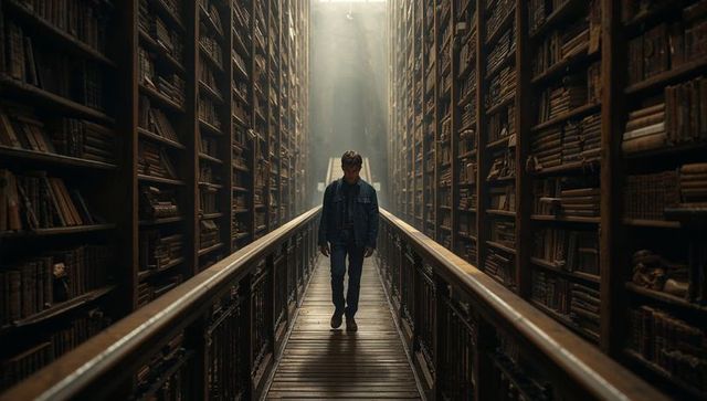 Solitary man walking down narrow sunlit library aisle between towering antique bookshelves