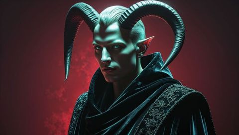 Mythical lucifer figure in ornate cloak with striking horns and ethereal allure