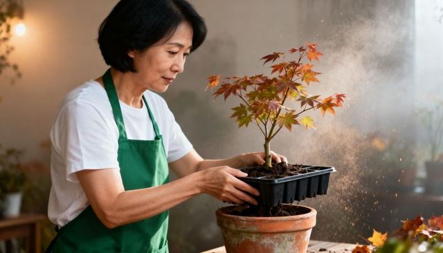 Planting maple sapling in terracotta pot indoors with green apron and sunlight