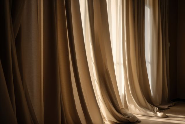 Beige curtains hanging in room with windows, created using generative ai technology. Interior design, home decor and fabric concept digitally generated image.