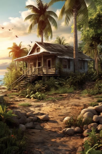 Wooden bungalow with front stairs under palms at seaside, created using generative ai technology. Home, architecture and property concept digitally generated image.