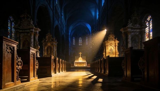 Sunlit gothic nave with gilded altar, crucifix and floating dust in warm golden light