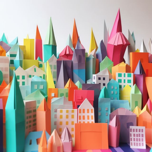Origami cityscape on grey background, created using generative ai technology. Cityscape, origami art and architecture concept digitally generated image.