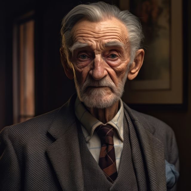 Portrait of pensive old man in room, created using generative ai technology. Portraiture, old age and facial expressions concept digitally generated image.