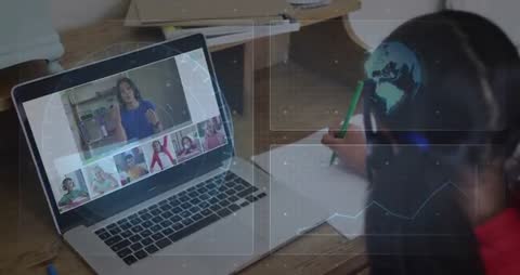 Teacher leading virtual classroom while student taking notes with global data overlays