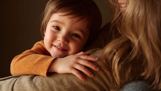 Tender mother and child embracing in warm golden light, cozy autumn family moment at home