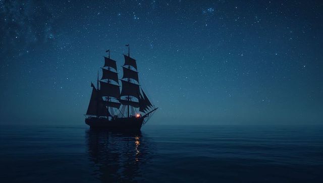 Serene nighttime voyage on calm seas with three-masted ship