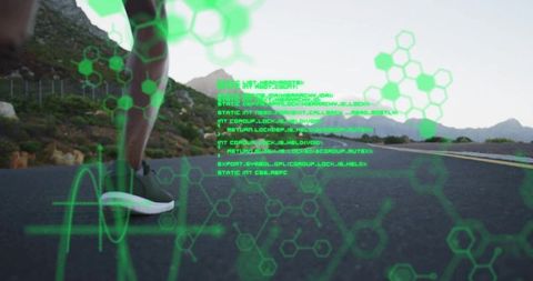 Runner balancing on road with neon ar data overlay in mountain landscape for fitness tech