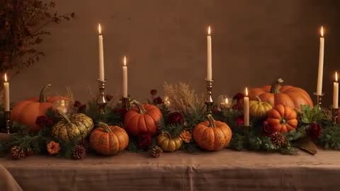 Flickering Candlelight Over Autumn Pumpkin Table Centerpiece Cinematic Slow Motion Loop