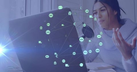 Woman streaming podcast at home workstation with microphone pop filter and network overlay