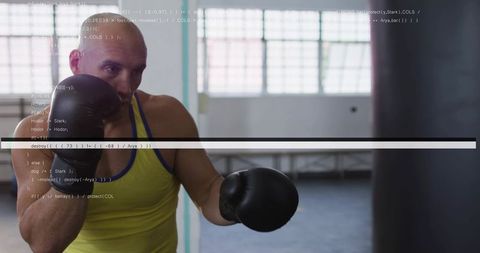 Focused boxer training with heavy bag and glitch code overlay in bright industrial gym