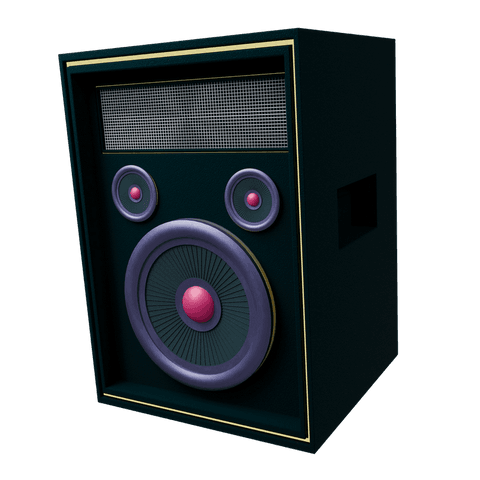 Retro 3d speaker cabinet on transparent background featuring gold trim, pink caps, teal