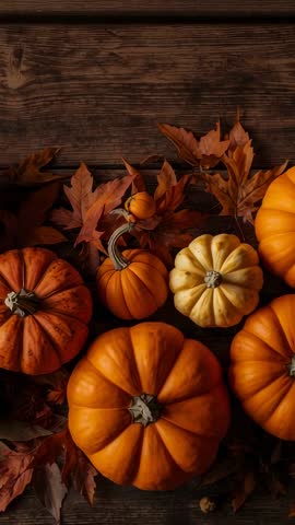 Overhead Vertical Video Capturing Pumpkin Cluster on Rustic Wood Table with Autumn Leaves