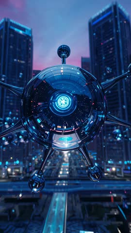 Spherical Drone Hovering through Neon City Street Vertical Video Revealing Glowing Core