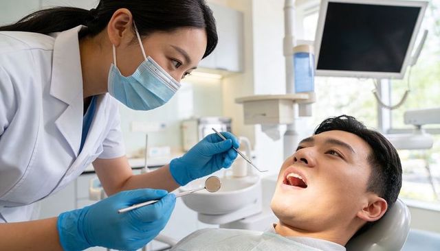 Dentist examining patient in modern dental clinic wearing mask and gloves for oral checkup