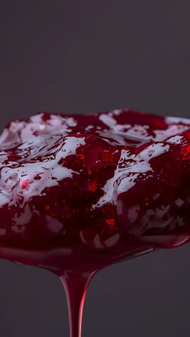 Macro vertical video showing glossy red jam dripping from spoon while droplet forming and detaching