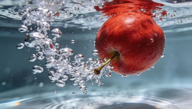Red apple plunging underwater with sparkling bubbles and glossy reflection