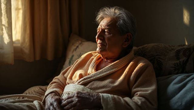 Senior woman basking in warm morning sunlight, resting in robe and blanket, reflecting