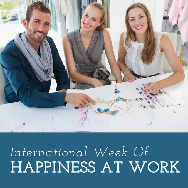 International week of happiness at work text against three diverse male and female fashion designers. International week of happiness at work awareness concept
