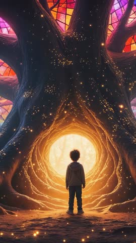 Boy Approaching Glowing Tree Portal in Enchanted Forest Vertical Video
