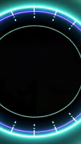 Vertical Neon HUD Rings Pulsing and Rotating in Black Void Looping Tech Background