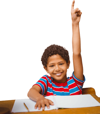 Biracial boy raising hand shirt education transparent background