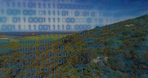Binary code overlaying serene landscape of rollings hills and plains