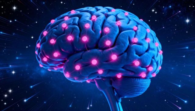 Floating Neural Network Brain with Glowing Pink Nodes and Cosmic Connectivity Concept