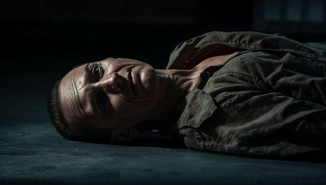 Introspective Man Lying on Urban Concrete Floor with Pensive Gaze