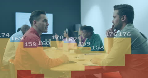 Businessmen Analyzing Data in Meeting with Digital Interface Overlay