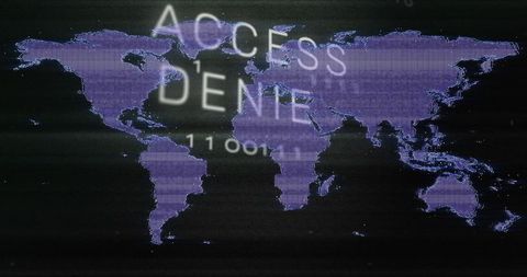 Glitching neon world map with access denied overlay, cybersecurity global threat interface
