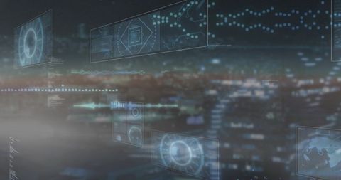 Holographic data panels overlaying city night skyline with futuristic tech interface