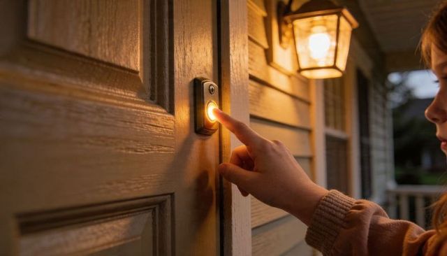Teenager pressing illuminated smart doorbell on front porch at dusk