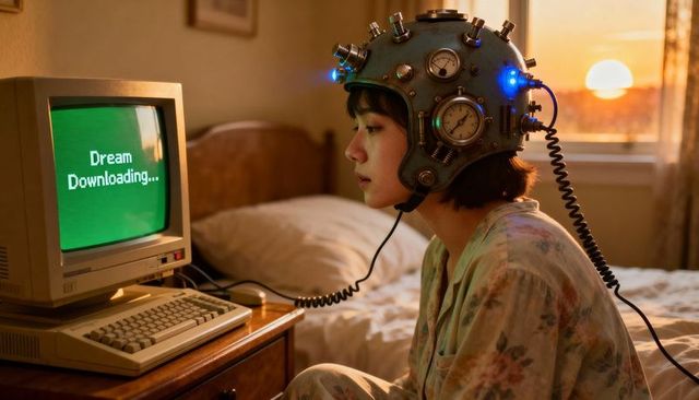 Young woman wearing steampunk dream helmet downloading dreams via vintage computer at sunset
