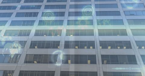 A modern glass office building has digital data patterns and global interface graphics superimposed on its facade. This concept symbolizes advanced business operations, digital transformation, and global economic connectivity. Useful for illustrating themes in business technology, corporate evolution, global finance, and smart city planning.
