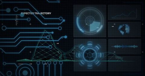 Displaying 3D Wireframe Terrain and Expected Trajectory on Futuristic HUD with Radar