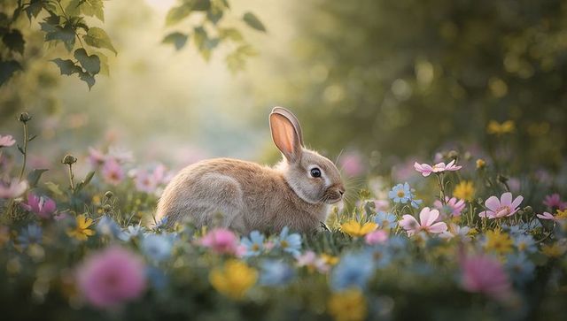 Brown Rabbit Resting in Sunlit Wildflower Meadow at Golden Hour