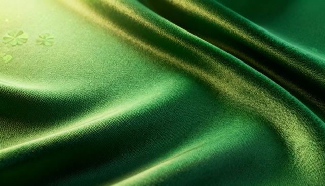 Velvet green satin drapes with subtle four-leaf clover embossing and soft diagonal folds