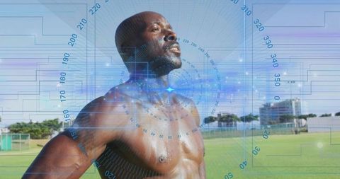 Standing shirtless muscular athlete gazing upward on sunlit sports field with biometric hud
