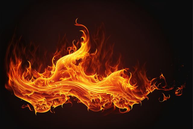 Detailed fire flames and smoke on black background, created using generative ai technology. Fire, heat, smoke, pattern and colour concept digitally generated image.