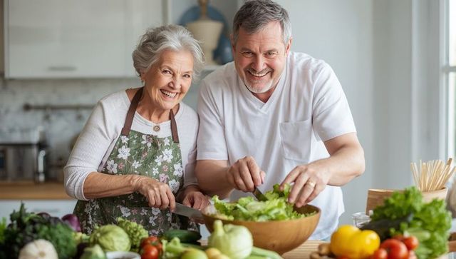 Smiling Senior Couple Preparing Healthy Meal in Kitchen