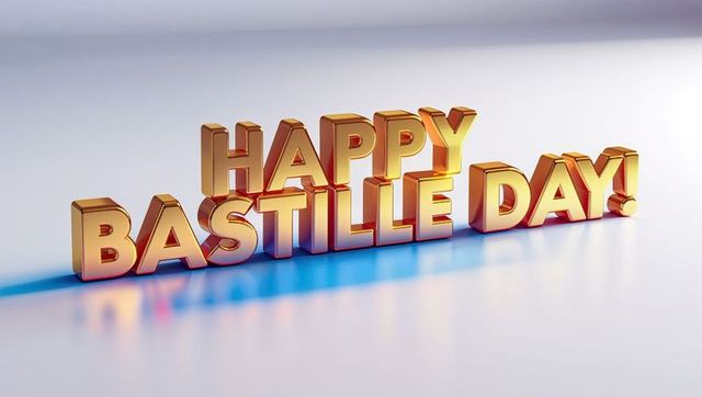 This vibrant composition features 3D golden metallic text wishing a Happy Bastille Day, set against a glossy surface that casts elegant reflections. The modern vibrant tones embody celebration, making it ideal for festive announcements or digital invitations. Perfect for promoting French-themed events or social media posts celebrating this historic French national holiday.