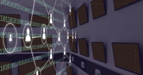 Digital network and binary code overlapping dark monitors