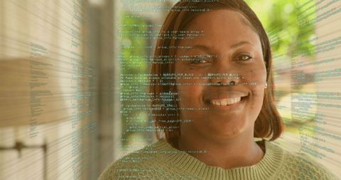 Smiling woman on sunny porch with transparent code overlay symbolizing tech, warmth, confidence