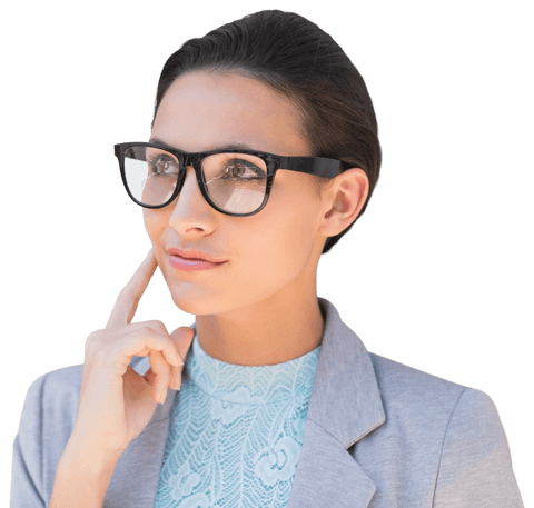Thoughtful Caucasian Businesswoman in Glasses on Transparent Background