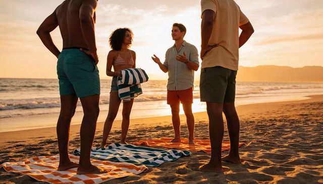 Group of friends talking on sandy beach at sunset holding striped towels and laughing