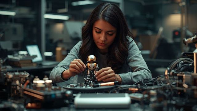 Female engineer assembling humanoid robot prototype on electronics workbench for robotics testing