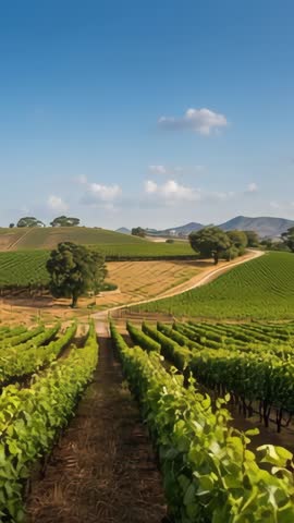 Vertical vineyard drone panning along sunlit grape rows toward rolling hills